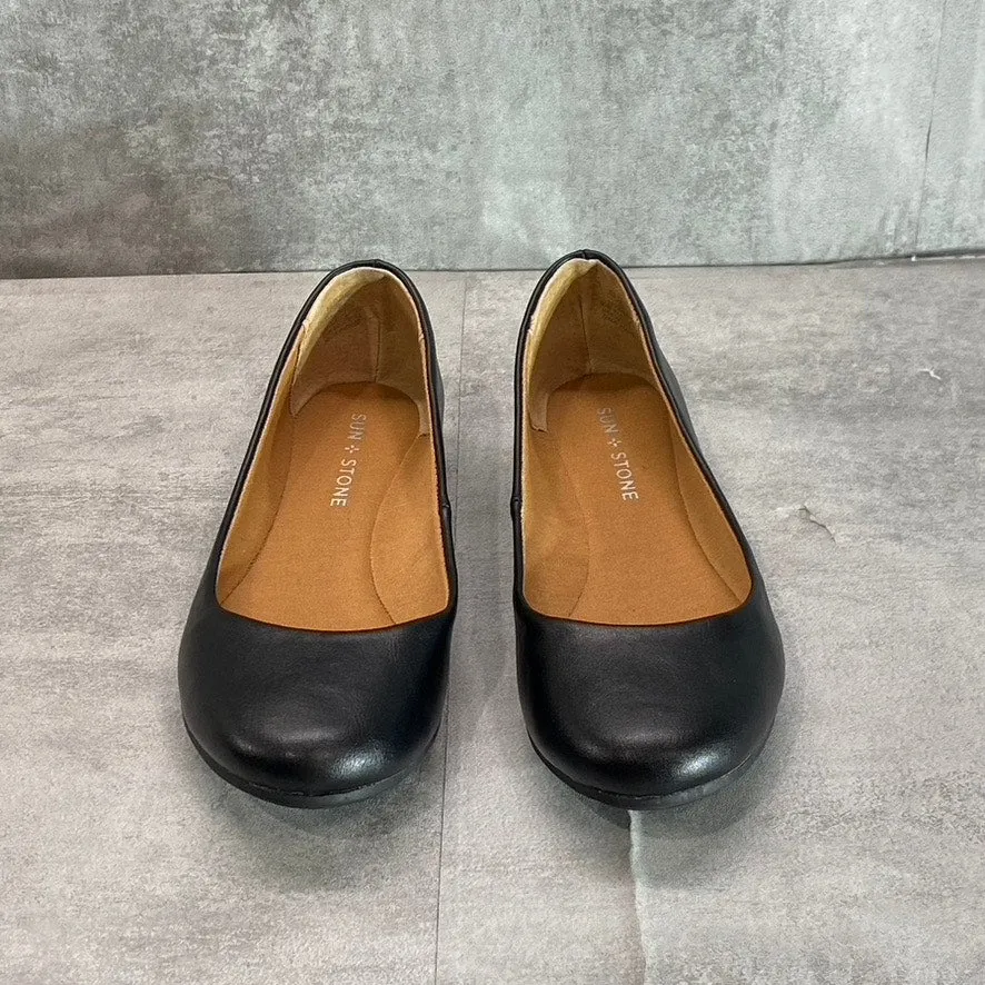 SUN   STONE Women's Black Smooth Eliana Memory Foam Round-Toe Slip-On Flats SZ 7